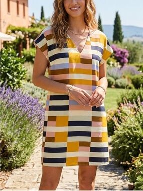 Marie Oliver Silk Linen Andi Colorblock V-Neck Shift Dress Summer Mediterranean